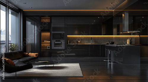 Wallpaper Mural Modern Luxury Black Apartment Interior Design with Open Plan Kitchen and Living Room Torontodigital.ca