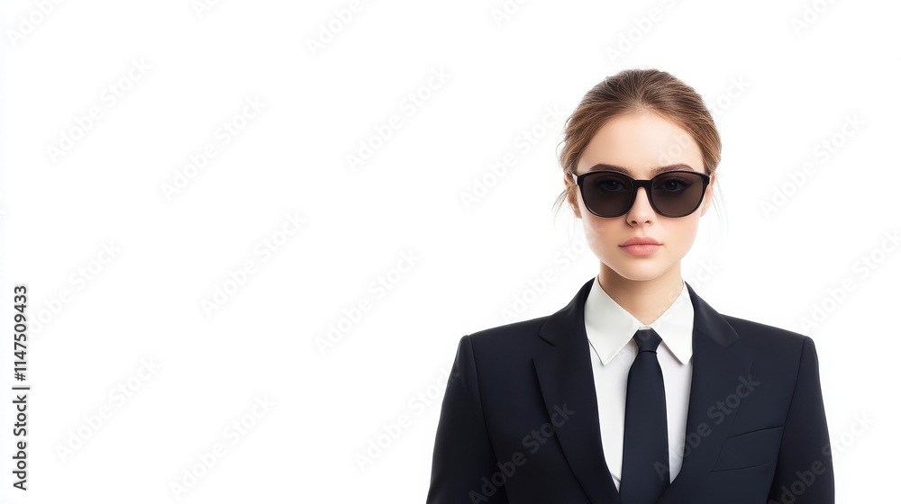 Confident Businesswoman in Formal Suit and Sunglasses Against White Background, Exuding Professionalism and Stylish Charm in Modern Professional Environment Confident Businesswoman in Formal Suit and Sunglasses Against White Background, Exuding Professionalism and Stylish Charm in Modern Professional Environment