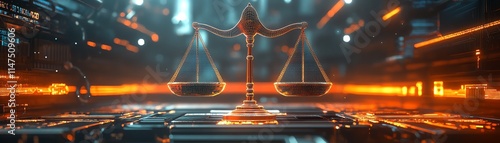 Digital law scales featuring holographic details and neuralinspired designs, standing before a futuristic data hub, perfect for showcasing AIdriven justice themes photo