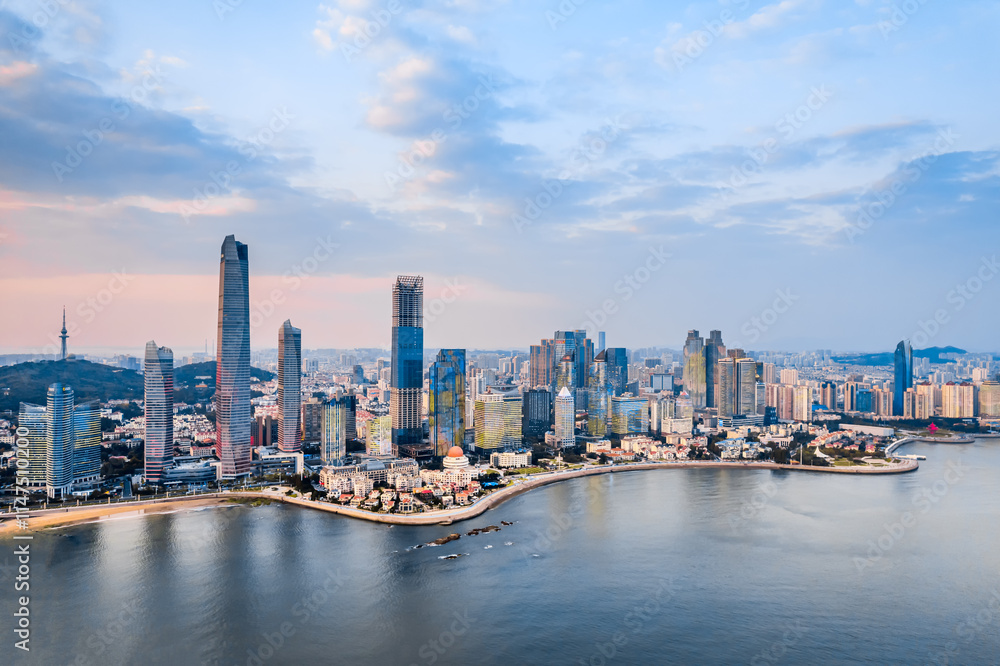 Fototapeta premium Aerial Scenery of the Coastal Architecture Complex in Fushan Bay, Qingdao, Shandong Province, China
