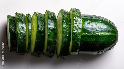 Sliced Cucumber on White Background: Fresh, Green, and Ready to Eat. Perfect for salads, snacks, or garnishes. This vibrant image captures the crispness and coolness of a freshly sliced cucumber. photo