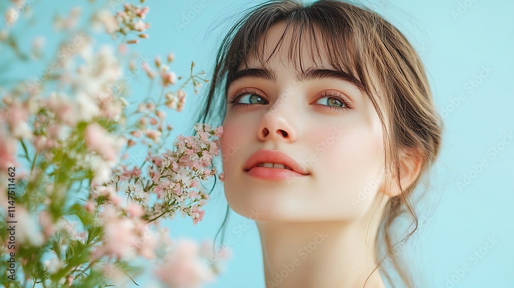 Young woman with flowers bright outdoor close-up photography Young woman with flowers bright outdoor close-up photography