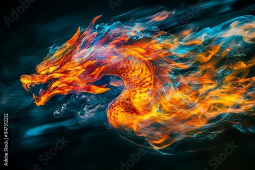 Fiery Dragon Emerging From Smoke And Flames