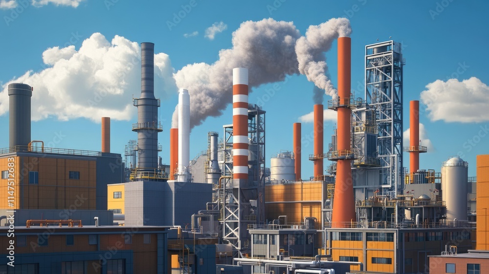 Industrial Complex with Smokestacks Under Clear Blue Sky, Showcasing Urban Development and Manufacturing Processes in a Modern Environment Industrial Complex with Smokestacks Under Clear Blue Sky, Showcasing Urban Development and Manufacturing Processes in a Modern Environment