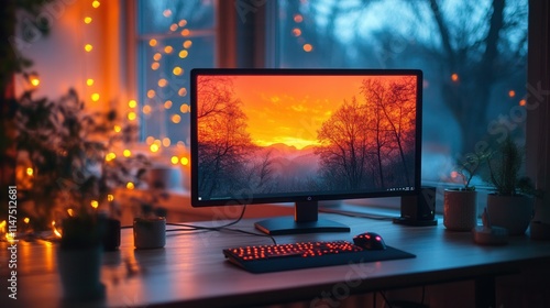 A cozy workspace featuring a monitor displaying a sunset, surrounded by plants and warm lights.