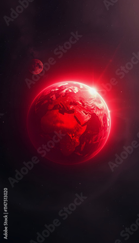 Red glowing earth in cosmic environment - Dramatic image of a glowing red earth with vivid highlights and shadow contrast, set against a surreal cosmic background, Dreamy, with white tones