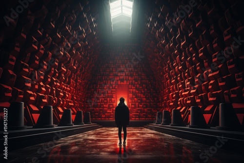 An acoustician measuring sound in an anechoic chamber
