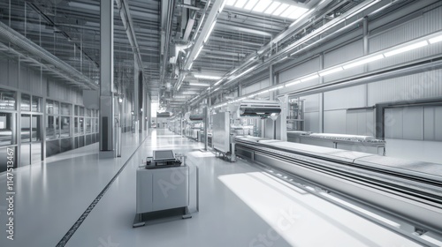 Modern automated production line in a large industrial warehouse.