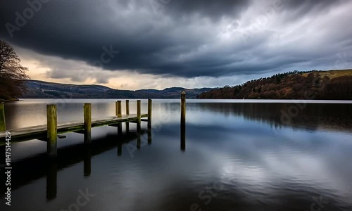Wallpaper Mural Serene lake view with a wooden pier under dramatic clouds. Torontodigital.ca