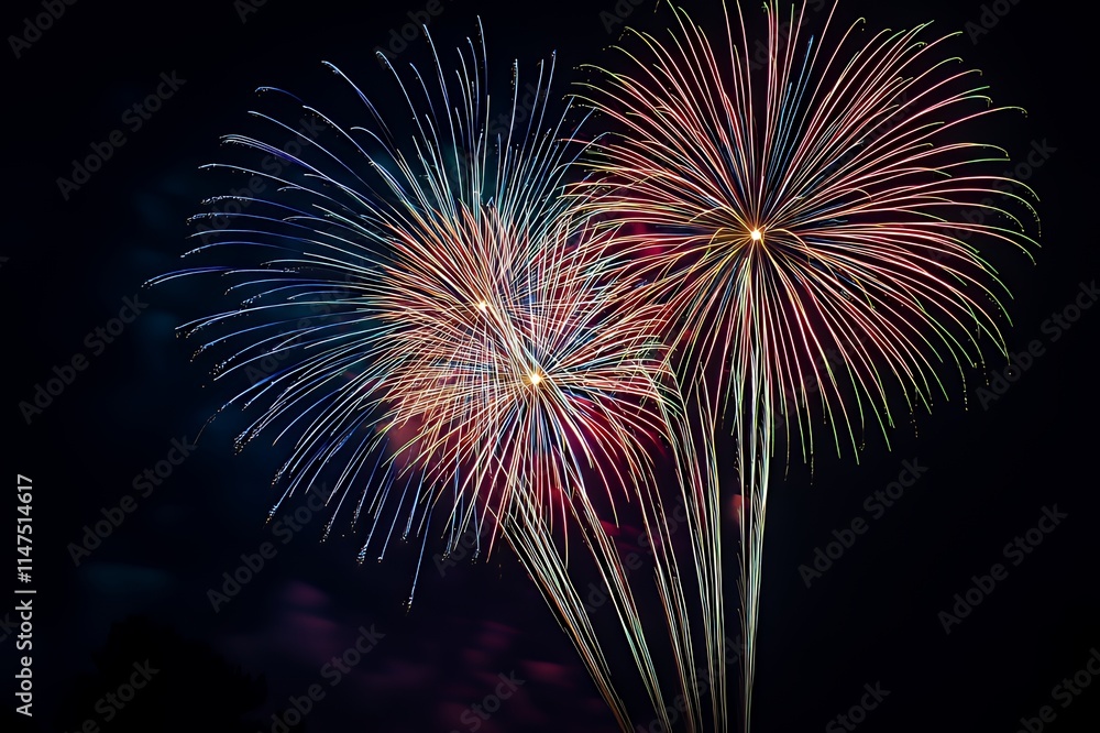 Two Brilliant Fireworks Display Against Night Sky Two Brilliant Fireworks Display Against Night Sky