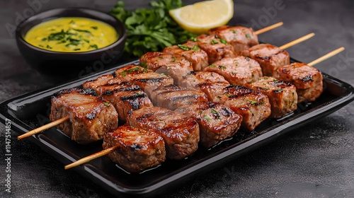 Savor the Flavor of Sizzling Greek Souvlaki with Grilled Meat and Fresh Herbs on a Plate. Season of Sizzling Delight Concept