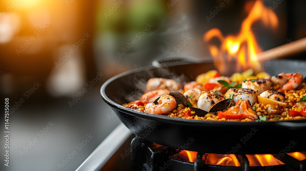 Discover the Vibrant Flames of Seafood Paella Cooking Over an Open Fire – A Culinary Delight. Season of Sizzling Delight Concept Discover the Vibrant Flames of Seafood Paella Cooking Over an Open Fire – A Culinary Delight. Season of Sizzling Delight Concept