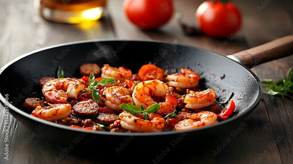 Delicious Sizzling Shrimp and Sausage Jambalaya – A Flavorful Culinary Masterpiece in Skillet. Season of Sizzling Delight Concept Delicious Sizzling Shrimp and Sausage Jambalaya – A Flavorful Culinary Masterpiece in Skillet. Season of Sizzling Delight Concept