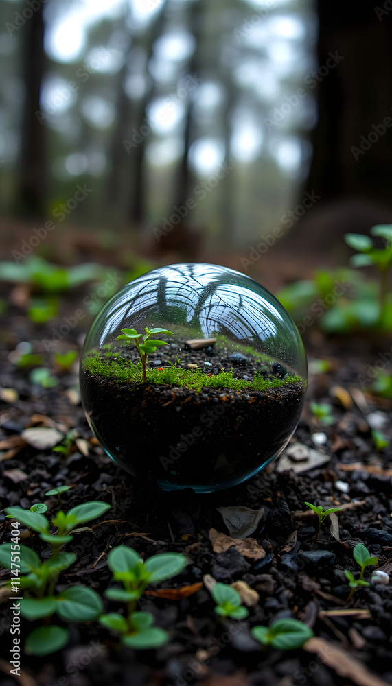 glass ball of earth and plants on the ground, with white tones glass ball of earth and plants on the ground, with white tones