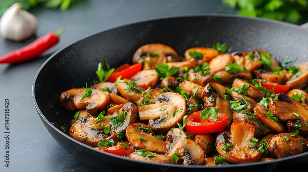 Deliciously Sizzling Garlic Butter Mushrooms with Fresh Herbs and Red Peppers in a Pan. Season of Sizzling Delight Concept Deliciously Sizzling Garlic Butter Mushrooms with Fresh Herbs and Red Peppers in a Pan. Season of Sizzling Delight Concept