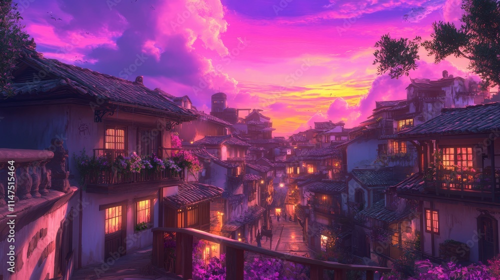 Serene Evening Glow Over a Quaint Village Surrounded by Majestic Mountains and Lush Trees, Bathed in Warm Colors of a Breathtaking Sunset Sky Serene Evening Glow Over a Quaint Village Surrounded by Majestic Mountains and Lush Trees, Bathed in Warm Colors of a Breathtaking Sunset Sky