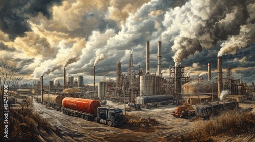 Industrial landscape with factories, storage tanks, and transportation vehicles under a cloudy sky. photo