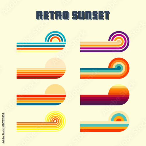 Horizontal vintage sunsets. Various colorful striped sunrise badges in 80s and 90s style. Sun and ocean view, summer vibes, surfing. Design element, print, logo or t-shirt. Vector illustration