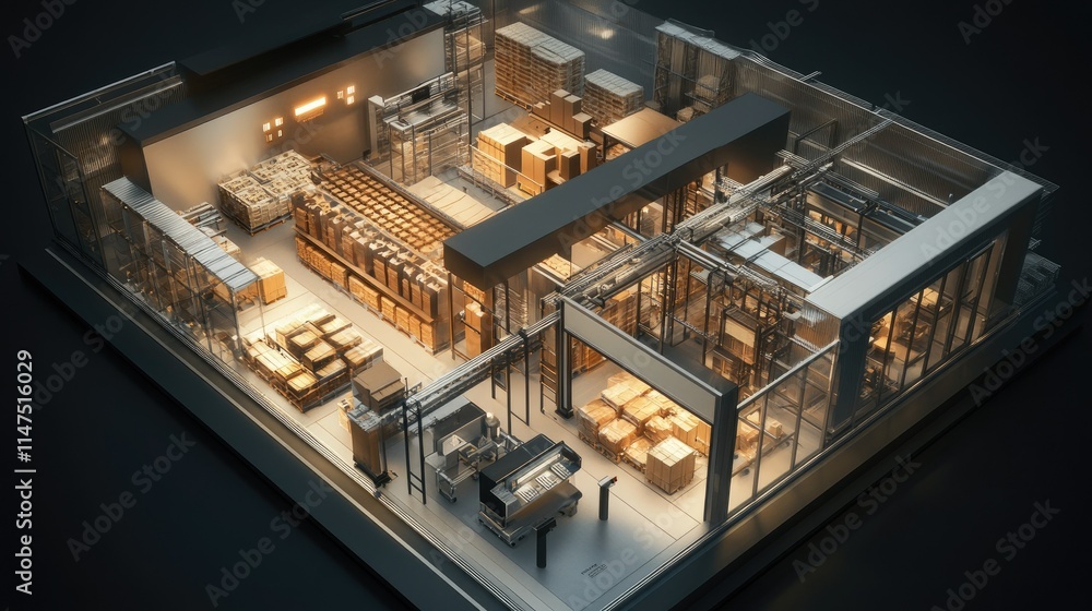 Modern Warehouse Interior with Shelving and Storage Solutions, Featuring Boxes, Packages, and Efficient Organization in a Spacious Environment Modern Warehouse Interior with Shelving and Storage Solutions, Featuring Boxes, Packages, and Efficient Organization in a Spacious Environment