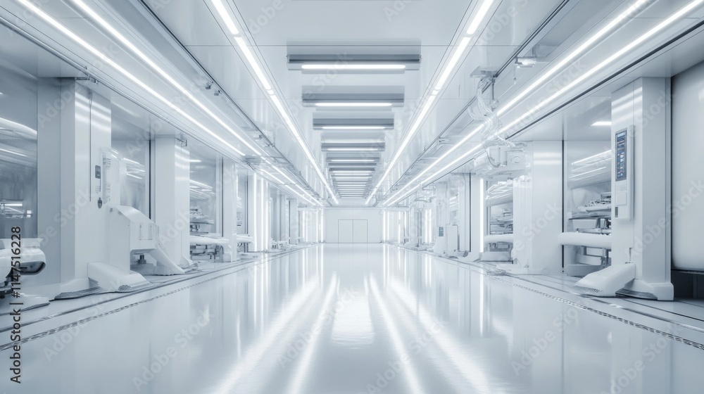 Fototapeta premium Modern factory with clean, white interiors and state-of-the-art production lines.