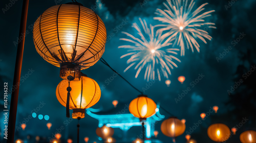 Obraz premium Chinese lantern festival, new year celebration with pagoda and fireworks