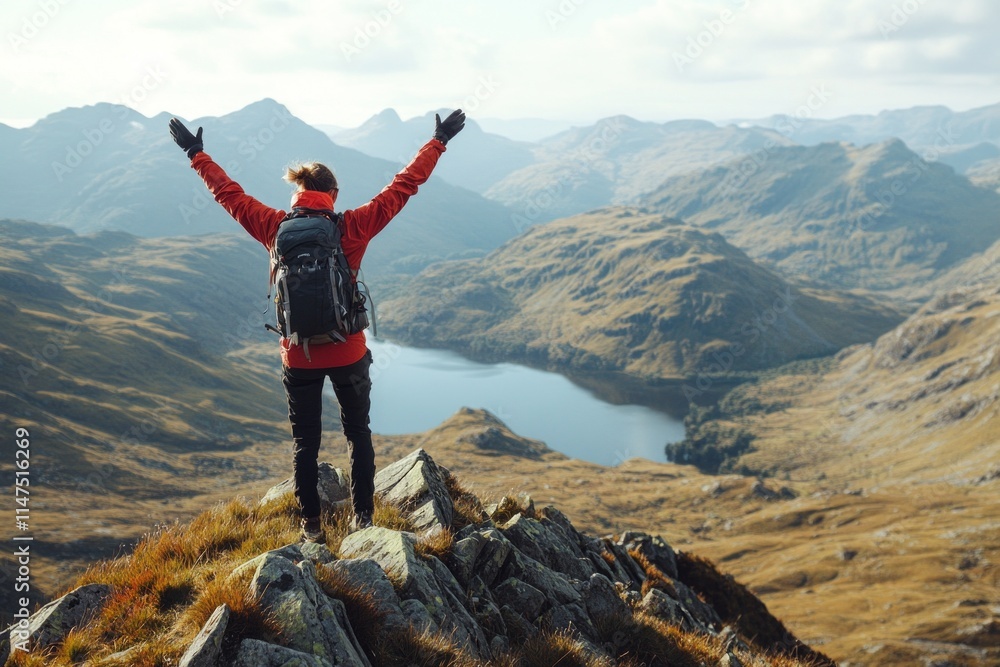 A person stands triumphantly atop a mountain peak, arms raised in celebration. The breathtaking landscape showcases rolling hills and a serene lake below. Generative AI A person stands triumphantly atop a mountain peak, arms raised in celebration. The breathtaking landscape showcases rolling hills and a serene lake below. Generative AI