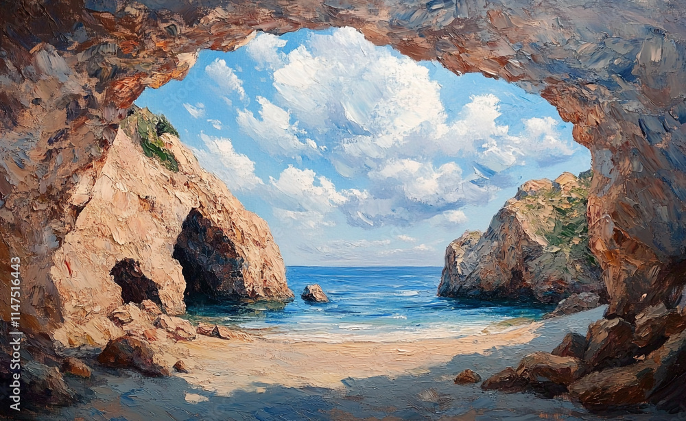 Stunning coastal view from a cave revealing serene beach and ocean waves. Stunning coastal view from a cave revealing serene beach and ocean waves.