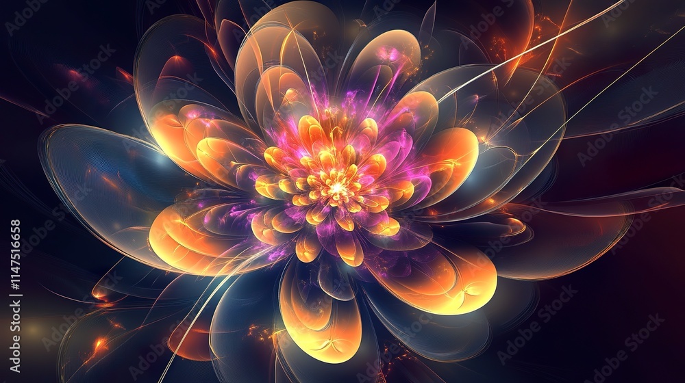 Abstract fractal flower with orange and purple petals glowing on dark background. Abstract fractal flower with orange and purple petals glowing on dark background.