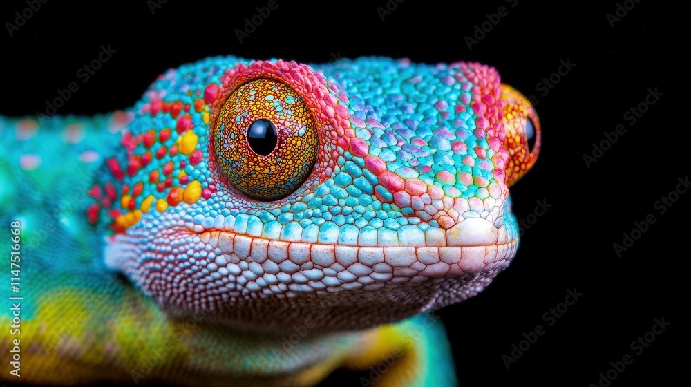 Obraz premium Close-up portrait of a vibrant chameleon with colorful blue and red scales isolated on a black background.