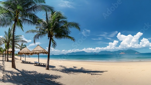 Wallpaper Mural Tranquil Tropical Beach Scene With Palm Trees and Umbrellas Torontodigital.ca