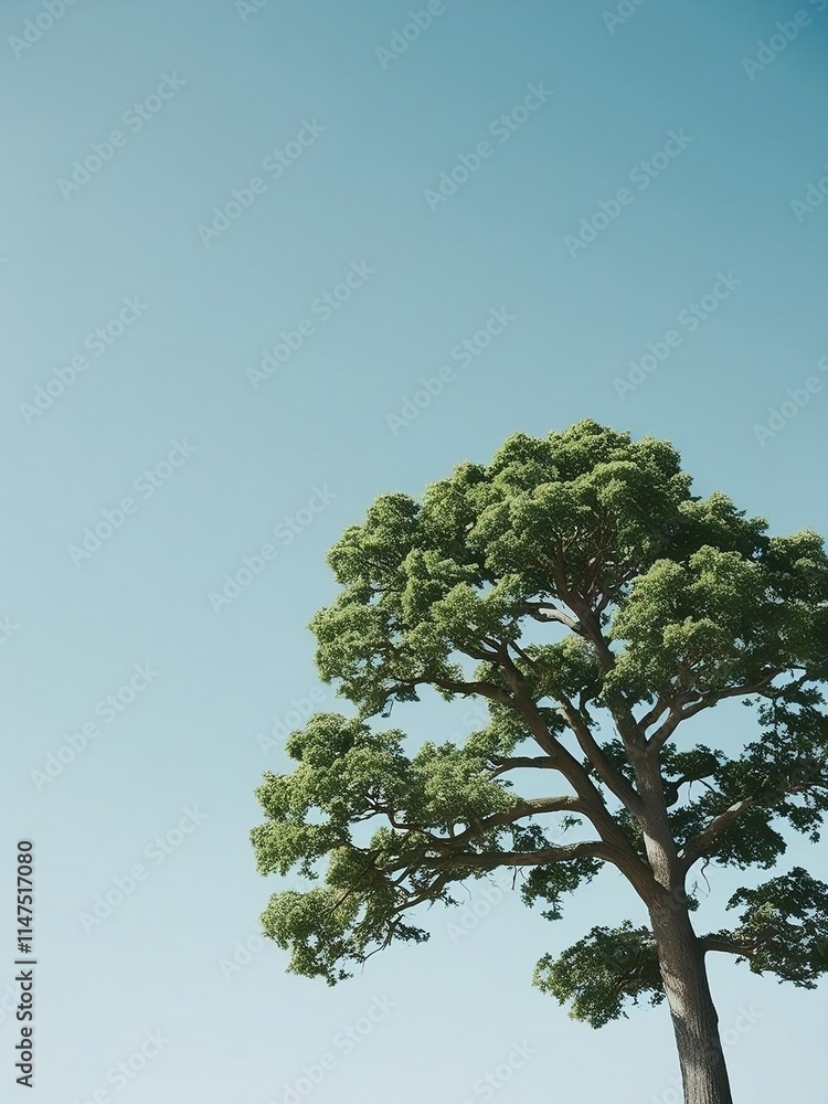 A single tree with vivid green leaves standing tall against a bright blue sky in a minimalist composition. A single tree with vivid green leaves standing tall against a bright blue sky in a minimalist composition.
