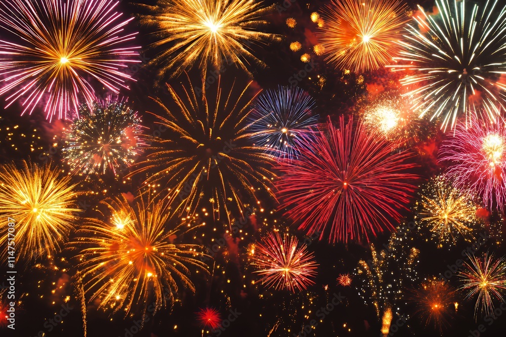 A Night Sky Filled With Vibrant Fireworks Explosions A Night Sky Filled With Vibrant Fireworks Explosions