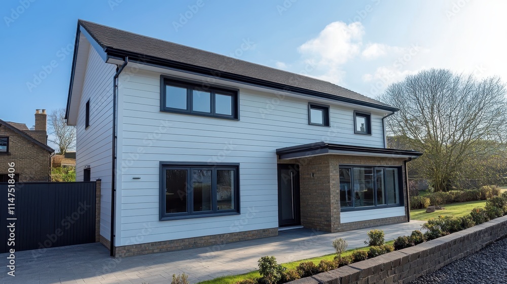 Modern two-story house with white siding, gray roof, and dark-framed windows. Ideal for real estate, architecture, or home improvement projects. Modern two-story house with white siding, gray roof, and dark-framed windows. Ideal for real estate, architecture, or home improvement projects.