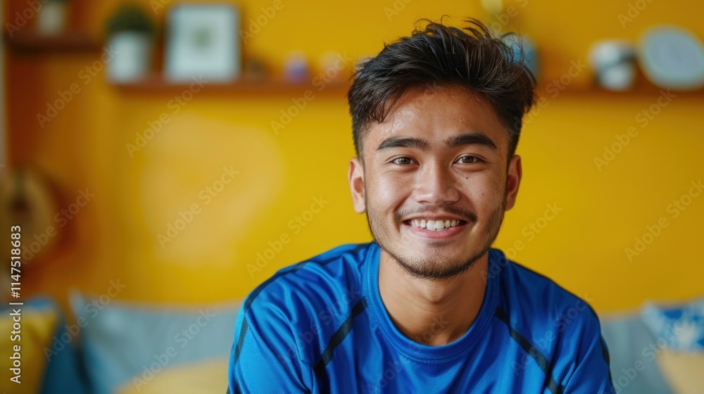 A smiling young man in a blue shirt sits in a cozy, colorful room. A smiling young man in a blue shirt sits in a cozy, colorful room.