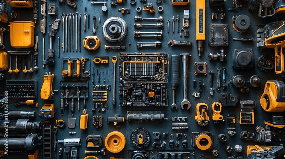 Flat lay of various tools and mechanical parts in yellow and dark gray arranged on a dark surface. Flat lay of various tools and mechanical parts in yellow and dark gray arranged on a dark surface.
