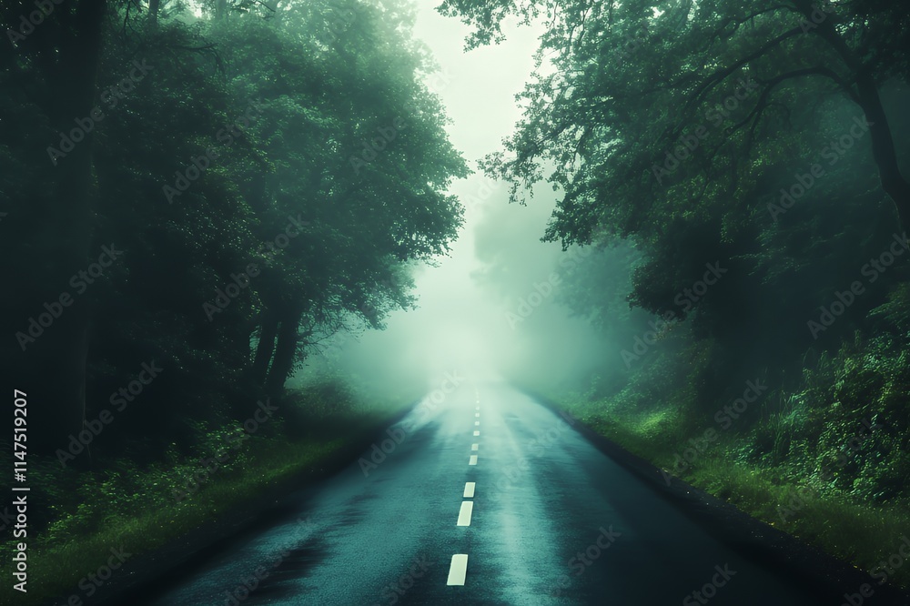Fototapeta premium Misty Road Through A Dark Green Forest