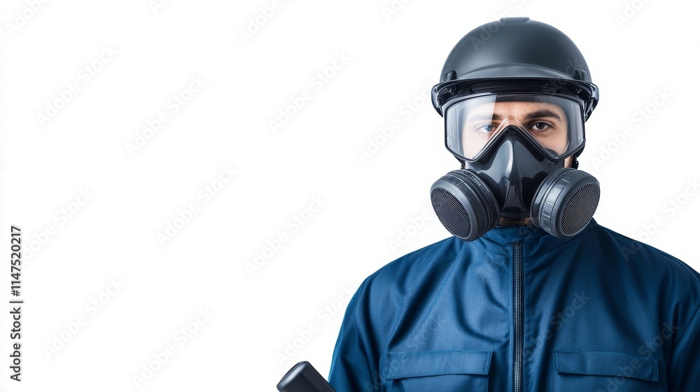Industrial Worker in Protective Gear Wearing Gas Mask and Helmet Preparing for Safety Operations in Hazardous Environment Industrial Worker in Protective Gear Wearing Gas Mask and Helmet Preparing for Safety Operations in Hazardous Environment