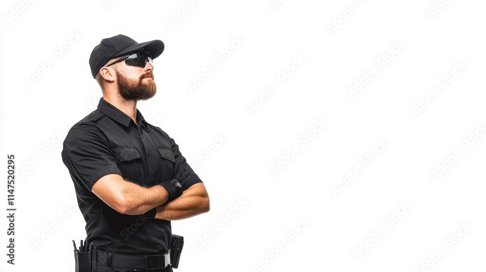 Confident Male Security Guard in Uniform with Sunglasses Posing Against White Background, Exuding Authority and Professionalism Confident Male Security Guard in Uniform with Sunglasses Posing Against White Background, Exuding Authority and Professionalism