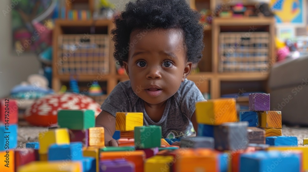 A toddler playing with colorful building blocks on a soft carpet in a playful environment. A toddler playing with colorful building blocks on a soft carpet in a playful environment.