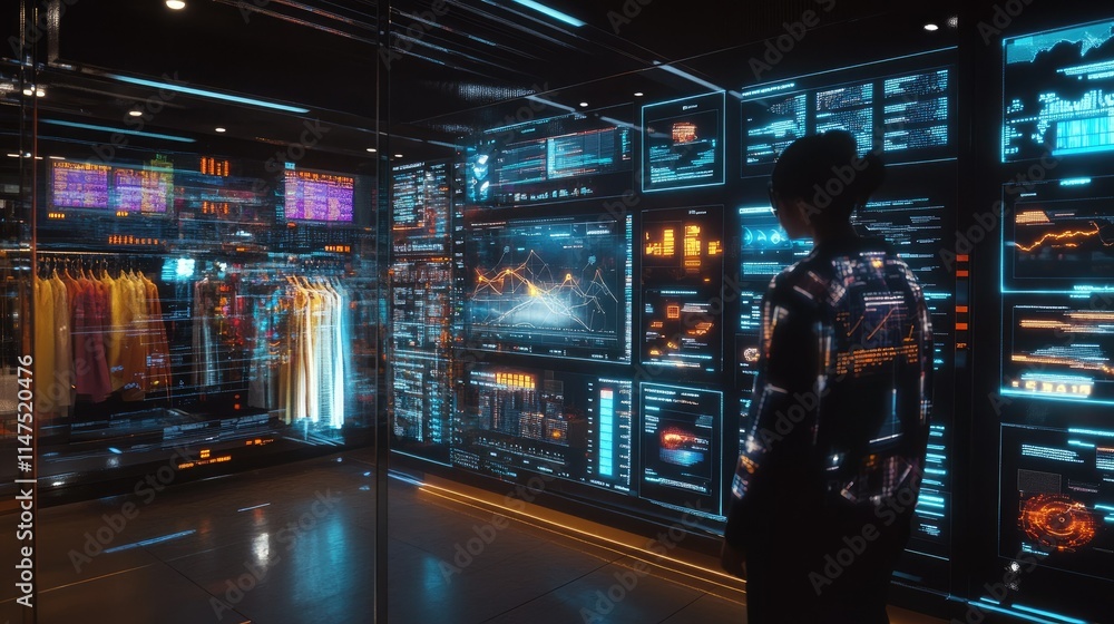 Futuristic Data Analysis Room Featuring Digital Displays and Graphs with a Focused Individual Observing Complex Information Visualizations and Metrics Futuristic Data Analysis Room Featuring Digital Displays and Graphs with a Focused Individual Observing Complex Information Visualizations and Metrics