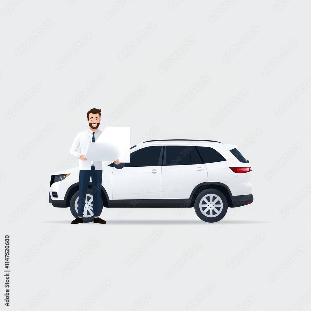 Professional man holding a document stands beside a modern white car, symbolizing success, business, and automotive industry concepts, showcasing a clean and minimal design. Professional man holding a document stands beside a modern white car, symbolizing success, business, and automotive industry concepts, showcasing a clean and minimal design.