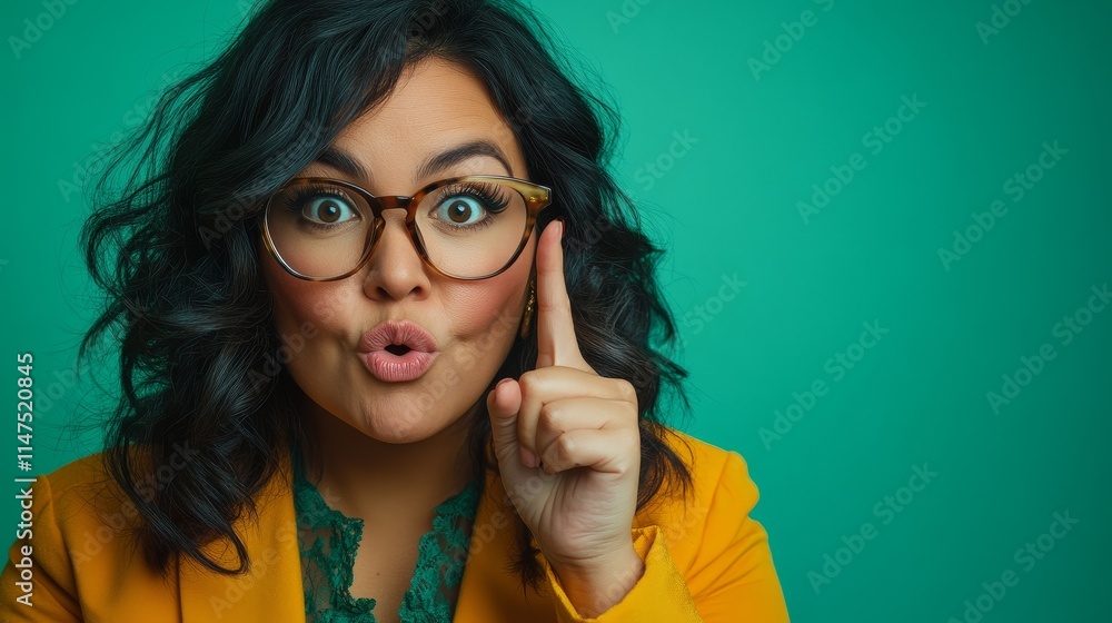 High status Mexican woman surprised by promotion, taking off glasses with one hand and pointing at offer with ring finger, real person with green to blue gradient background. High status Mexican woman surprised by promotion, taking off glasses with one hand and pointing at offer with ring finger, real person with green to blue gradient background.