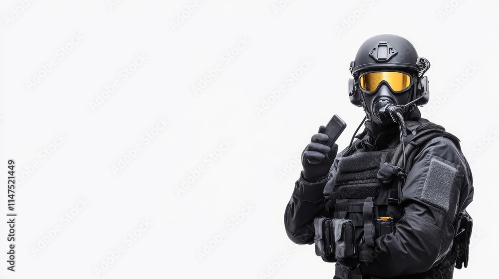 Tactical soldier in full gear with mask, gloves, and communication device, standing against a white background, prepared for action in a secure environment Tactical soldier in full gear with mask, gloves, and communication device, standing against a white background, prepared for action in a secure environment