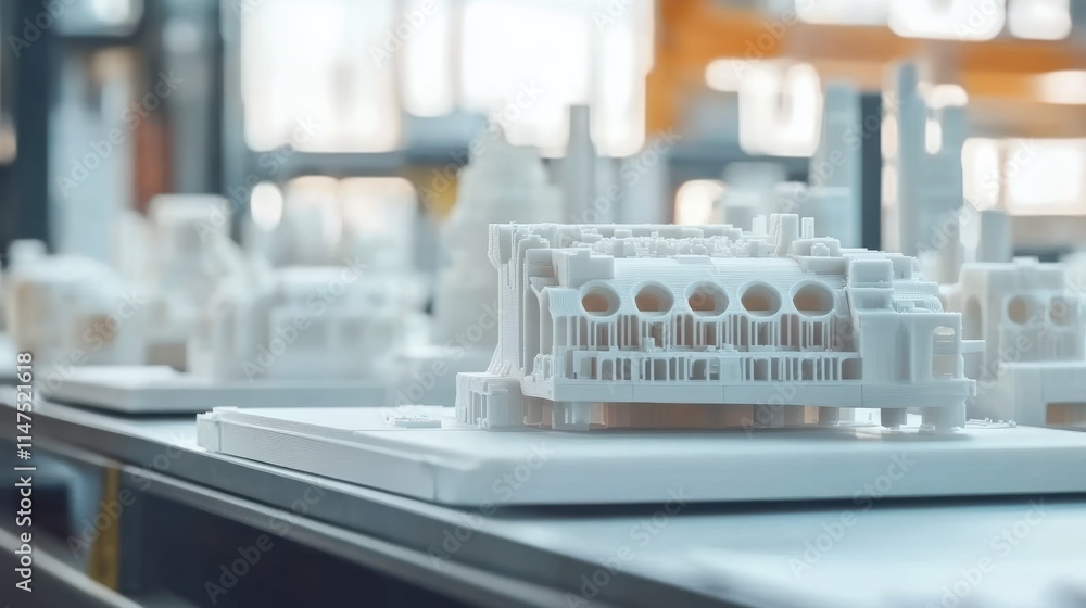 Close up of a 3D printed model on a table with other models in the background. Close up of a 3D printed model on a table with other models in the background.