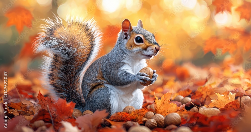 Squirrel Holding Nut Amidst Colorful Autumn Leaves in Nature Squirrel Holding Nut Amidst Colorful Autumn Leaves in Nature