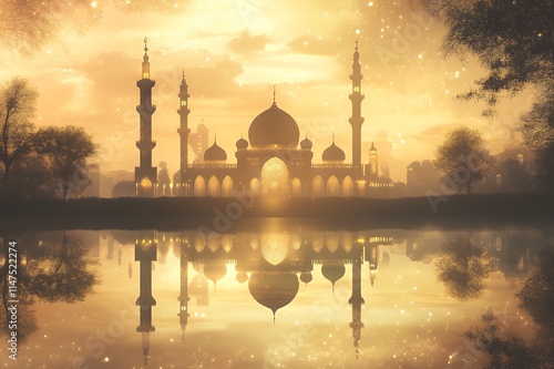 Golden Mosque Reflecting In Calm Water At Sunset photo