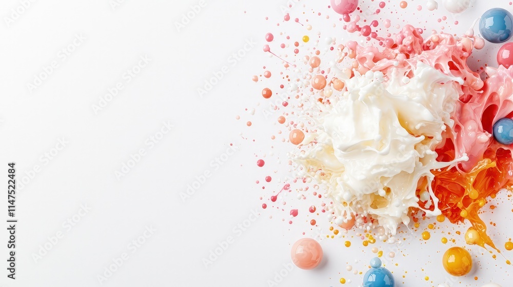 Colorful paint splash with vibrant spheres on white background. Colorful paint splash with vibrant spheres on white background.