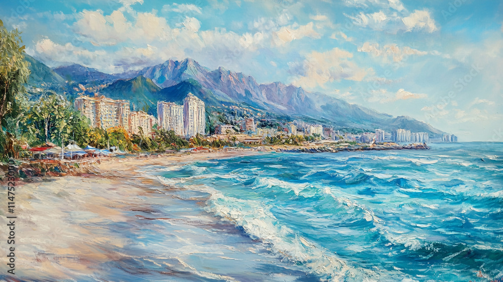 Fototapeta premium Coastal view with vibrant waves and city skyline under a sunny sky. 