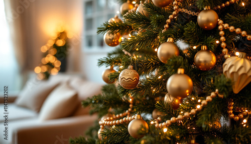 Golden Christmas tree with ornaments, warm and cozy festive living room