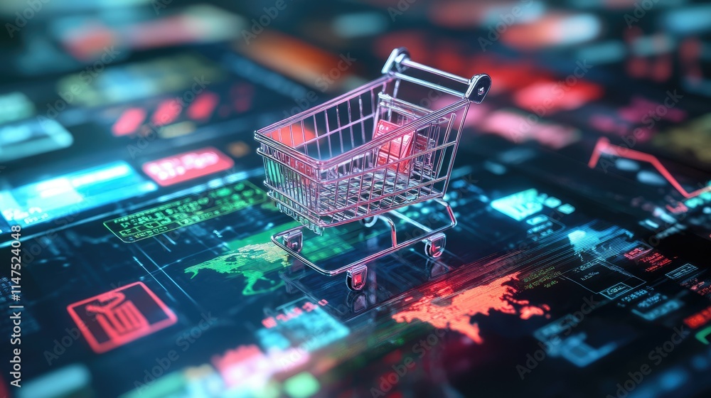 Futuristic Online Shopping Concept with Metallic Shopping Cart on Digital Interface Representing E-commerce and Market Analytics Futuristic Online Shopping Concept with Metallic Shopping Cart on Digital Interface Representing E-commerce and Market Analytics